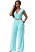 Sexy Cyan V Neck Belt Embellished Jumpsuit
